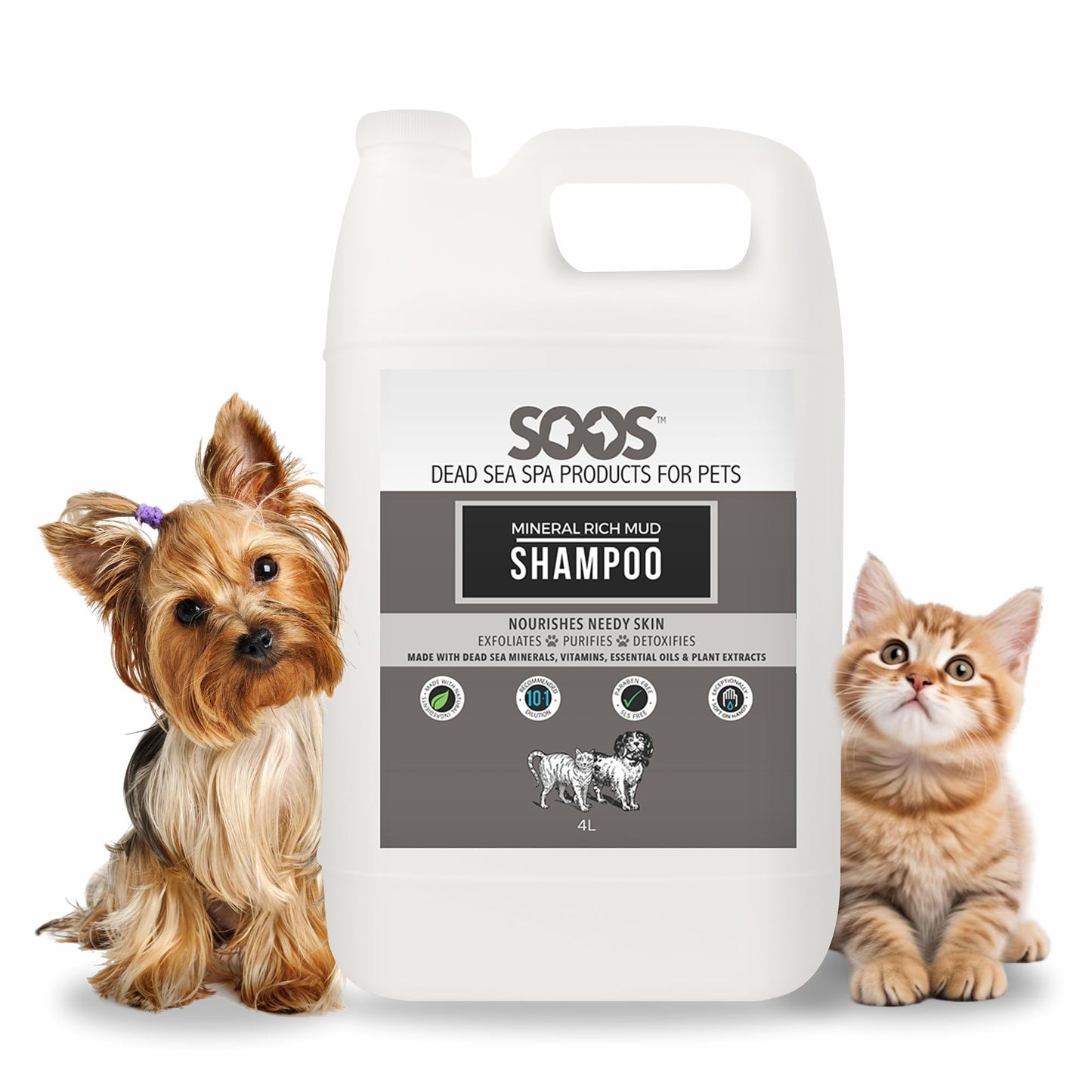 Soos pet Shampoo Mineral Rich Mud Cat and Dog Shampoo Natural Dead Sea Minerals Fast Absorbing - 1x Bottle (4L)