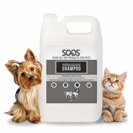 Soos pet Shampoo Mineral Rich Mud Cat and Dog Shampoo Natural Dead Sea Minerals Fast Absorbing - 1x Bottle (4L)