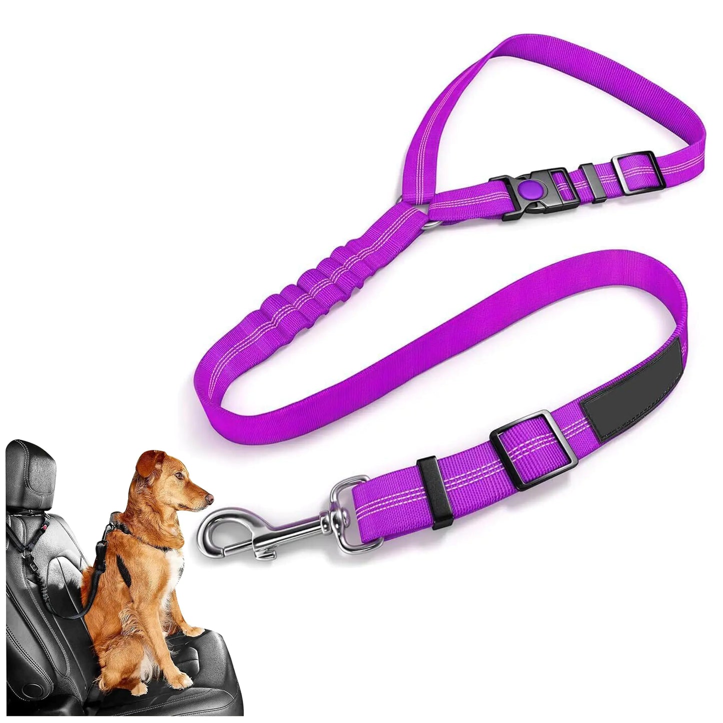 Best Dog Supplies Dog Safety Car Seat Belt - Elastic Nylon Vehicle Seatbelt Plus Durable Tangle-Free Headrest Harness - Perfect for Pet Safety – Purple
