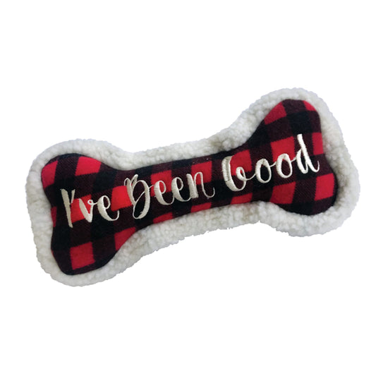 Huxley & Kent for Dogs | Ive Been Good Bone (Small) | Double Sided Christmas Holiday Power Plush Dog Toy with Squeaker | Funny Dog Toy | Cute Dog Toy | H&K Squeaky Dog Toy