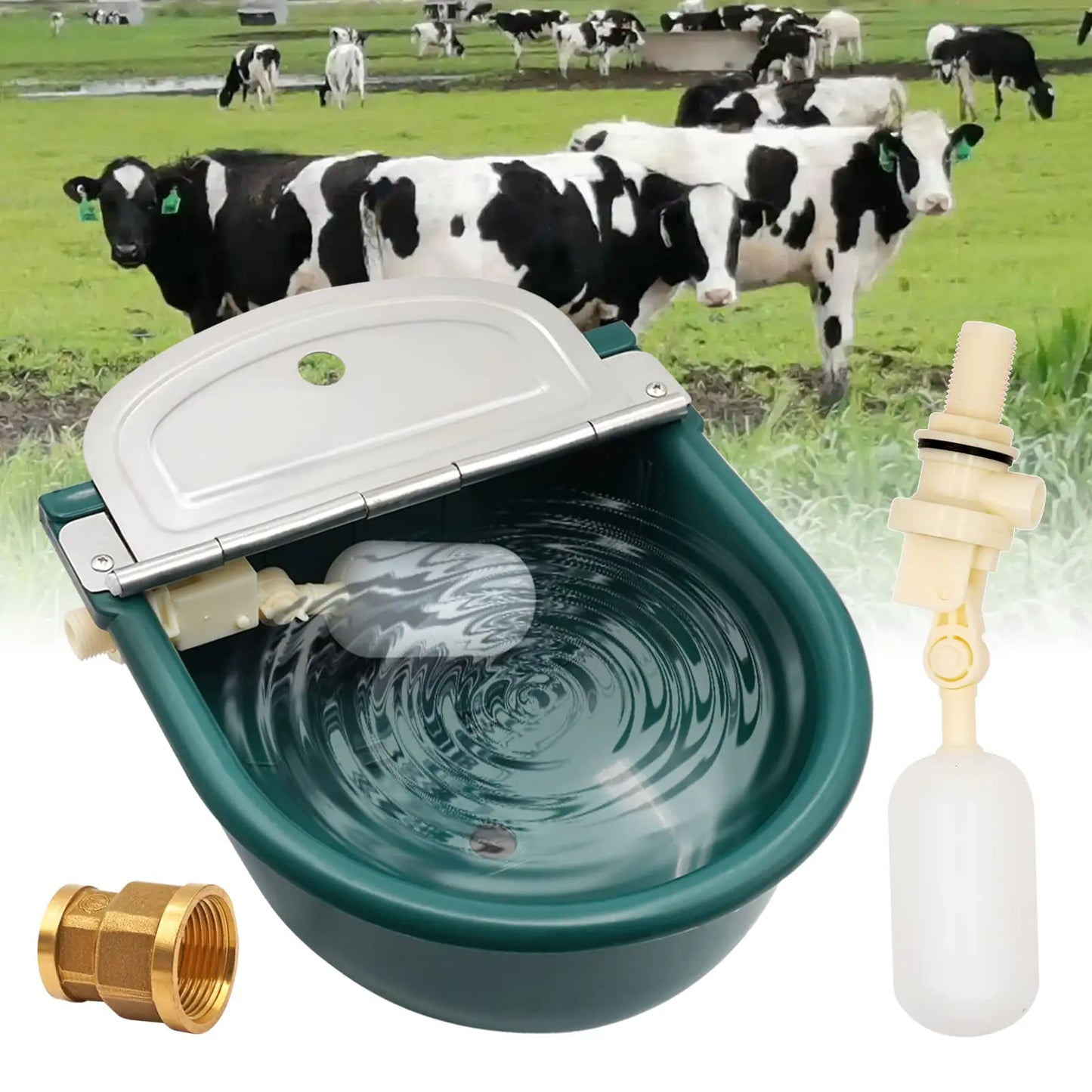 Junniu Automatic Livestock Waterer Water Bowl Trough Kits for Goat horse Dog Pig Cattle Farm Supplies with 2PCS Float Valve Brass Connector Stainless Steel Cover Hole at the Bottom Green