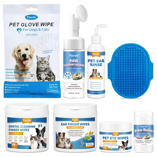Dog Wipes Cleaning Deodorizing Dog Grooming Wipes & Dog Paw Cleaner Pet Cleaning Kit for Teeth Ears Eyes Paw Body Dog Ear Rinse Essential Dog Supplies Set