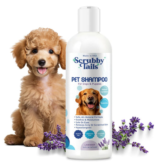 Scrubby Tails Organic Dog Shampoo - Oatmeal Dog Shampoo for Itchy Skin - Hypoallergenic for Sensitive Skin & Puppies Deodorizes Smelly Dogs Tearless Made in USA 16oz (Lavender)