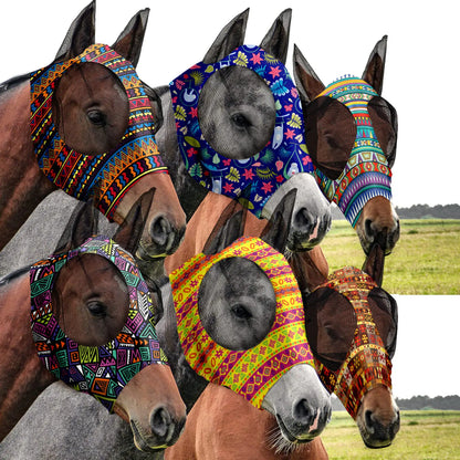 Chunful 6 Pcs Horse Fly Masks for Horses with Ears Smooth and Comfortable Fly Masks Cashel Fly Mask Elasticity Horse Face Mask Horse Masks Covering for Horses Riding Supplies(Large Geometric)