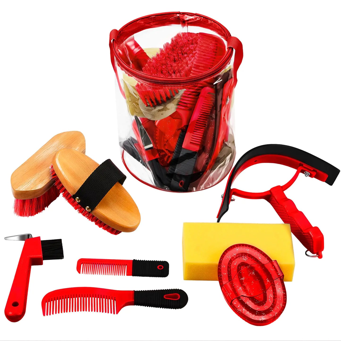 9 Pieces Horse Grooming Kit Tack Room Supplies Set with Organizer Tote Bag Oval Massage Curry Hard and Soft Brush Hoof Pick Sweat Scraper Bathing Sponge Combs for Horse Riders Beginners (Red)