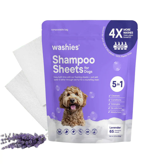 Washies Dog Shampoo Sheets 2X Washes Than Liquid Dog Bathing Supplies Water Activated Puppy Shampoo & Dog Bath Supplies Poodle Shampoo for Dog Bath Dog Shampoo for Smelly Dogs (Lavender 65ct)